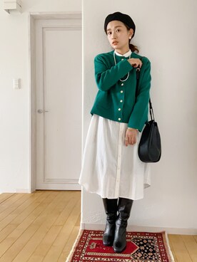 「シャツワンピ」｜「アイテム（ノーカラージャケット）」を使った、きゃのさん（レディース・155cm）の秋コーディネート