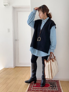 「ビッグシャツ」｜「アイテム（アクセサリー）」を使った、きゃのさん（レディース・155cm）の秋コーディネート