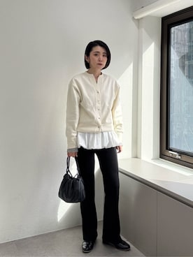 「LARUTA（ラルータ）の【LARUTA】ドット釦スキッパーカーディガン（カーディガン/ボレロ、ホワイト系）」を使った、あずささん（レディース・165cm）の春コーディネート