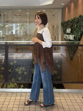 「LARUTA（ラルータ）の【LARUTA】総レース柄スプリングホック開きカットソー（Tシャツ/カットソー、ホワイト系）」を使った、あずささん（レディース・165cm）の夏コーディネート