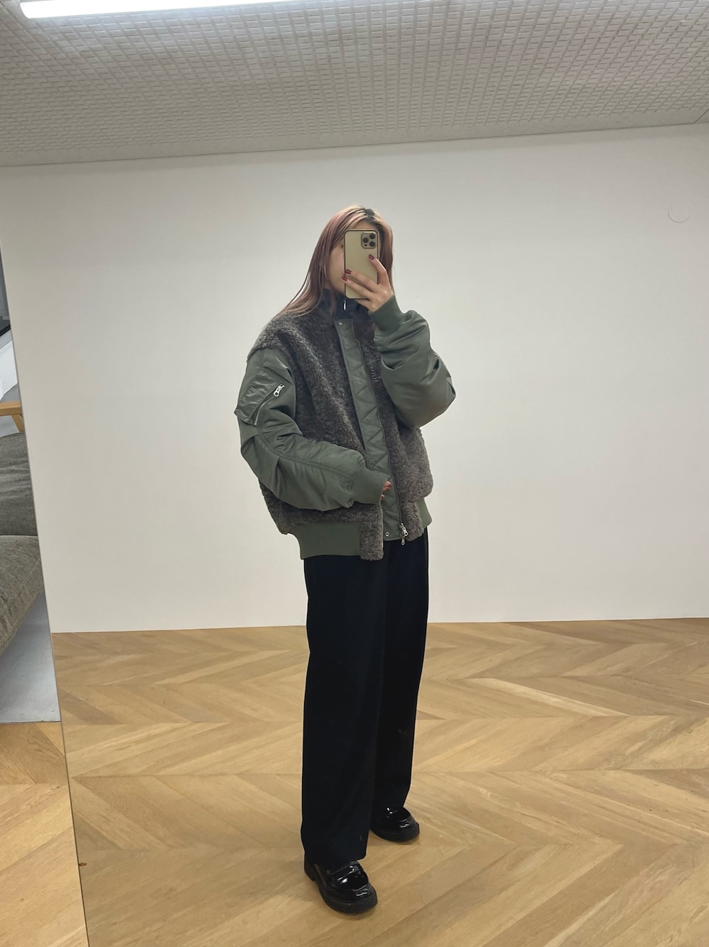 「ファッションを楽しもう、お出かけコーデ、冬コーデ、ローファー、タートルネック、秋冬コーデ、お洒落さんとつながりたい、MA-1、オーバーサイズ、ジャケット、ボア、カーキ、リバーシブル」｜「TODAYFULのTODAYFUL(トゥデイフル) "Halfzip Rib Knit"ハーフジップリブニット/12320534（ニット/セーター、グレー系）」を使った、nanohaさん（レディース・164cm）の秋コーディネートの1枚目の写真