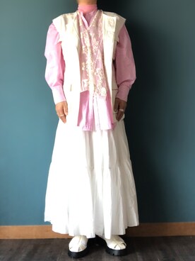 「BEAMS BOY（ビームスボーイ）のBEAMS BOY / 2WAY レース アームカバー（付け襟）」を使った、AYUMIさん（レディース・157cm）の春コーディネート