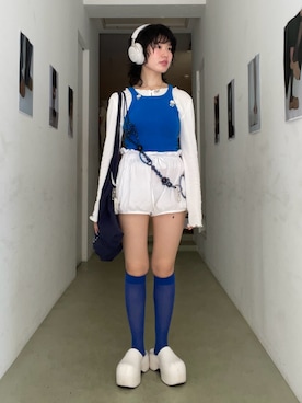 「Ray BEAMS（レイビームス）のRay BEAMS / シアー ハイソックス（ソックス/靴下、ブルー系）」を使った、星野りよんさん（レディース・152cm）の夏コーディネート