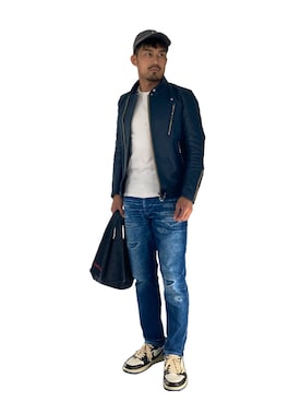 「アイテム（ライダースジャケット）」を使った、KOJIさん（メンズ・173cm）の冬コーディネート