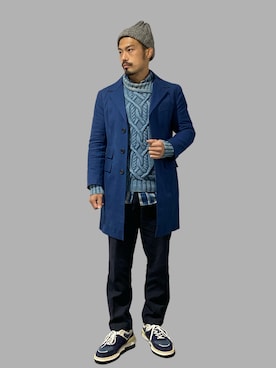 「ケーブルニット」｜「アイテム（チェスターコート）」を使った、KOJIさん（メンズ・174cm）の冬コーディネート