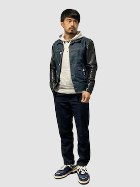 「スラックスパンツ」｜「アイテム（デニムジャケット）」を使った、KOJIさん（メンズ・174cm）の冬コーディネート