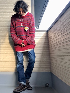 「Eddie Bauer（エディーバウアー）のアイテム（ニット/セーター）」を使った、higerinseさん（メンズ・170cm）の冬コーディネート