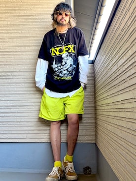 「NOFXのアイテム（Tシャツ/カットソー、ブラック系）」を使った、higerinseさん（メンズ・170cm）の春コーディネート