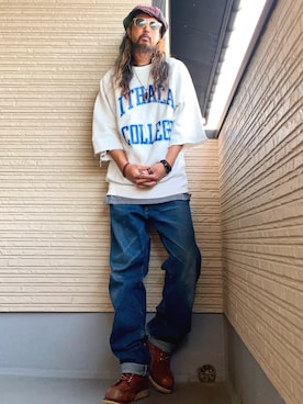 「アイテム（スウェット）」を使った、higerinseさん（メンズ・170cm）の秋コーディネート