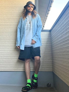 「ダンガリーシャツ」｜「アイテム（帽子）」を使った、higerinseさん（メンズ・170cm）の夏コーディネート