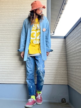 「ダンガリーシャツ」｜「アイテム（帽子）」を使った、higerinseさん（メンズ・170cm）の春コーディネート
