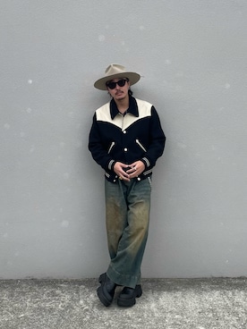「soerte（ソエルテ）のWide Buggy Vintage Like Denim Pants / ワイドバギーヴィンテージライクデニムパンツ【泥加工 / ケミカルウォッシュ加工】（デニムパンツ、ブルー系）」を使った、qsssy さん（メンズ・160cm）の春コーディネート
