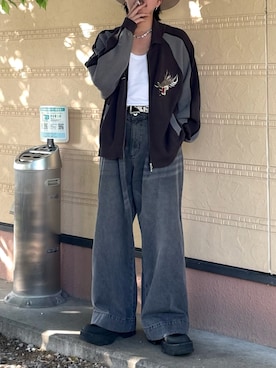 「TASTE by Knit（テイストバイニット）の【TASTE by Knit】Knit embroidery sukajan（スカジャン、グレー系）」を使った、qsssy さん（メンズ・160cm）の春コーディネート