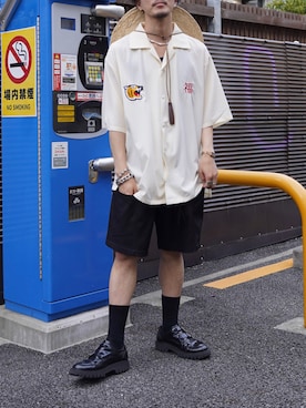 「BROKEN BASE（ブロークンベース）のアイテム（トップス）」を使った、qsssy さん（メンズ・160cm）の夏コーディネート