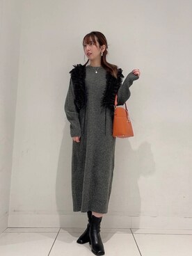 「RODE SKO(ロデスコ)のワンハンドルステッチバケツバッグ(ハンドバッグ、オレンジ系)」を使った、Maiさん(レディース・156cm)の秋コーディネート