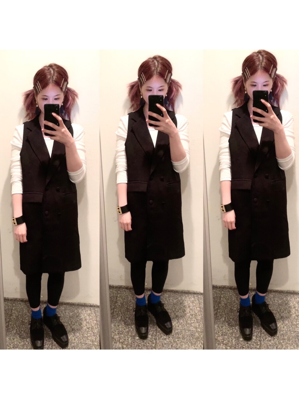 「ベスト」｜「emi+の3498円（その他アウター、ブラック系）」を使った、yuさん（レディース・155cm）の春コーディネートの1枚目の写真