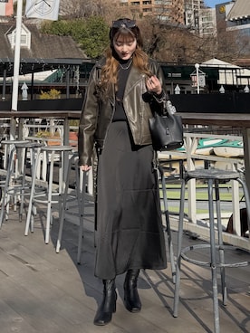「ZARA（ザラ）のアイテム（ライダースジャケット、ブラウン系）」を使った、Haruka ❤︎さん（レディース・168cm）の春コーディネート