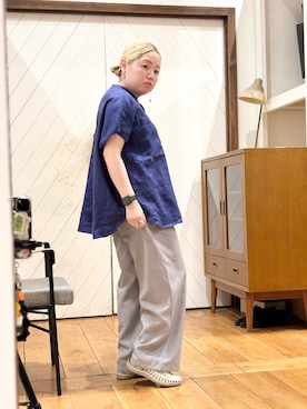 「かぐれ（カグレ）のリネンWポケットフレンチシャツ（シャツ/ブラウス、ブルー系）」を使った、チコたんさん（レディース・156cm）の春コーディネート