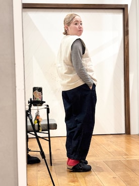 「かぐれ（カグレ）のウールリネンクルーベスト（ベスト、ベージュ系）」を使った、チコたんさん（レディース・156cm）の秋コーディネート