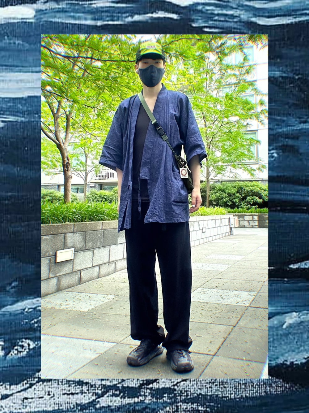 「和風、甚平、無印良品、春コーデ、スポーツミックス、キャップ、kimono」｜「MISのアイテム（ショルダーバッグ、グリーン系）」を使った、Taichiさん（メンズ・31cm）の春コーディネートの1枚目の写真