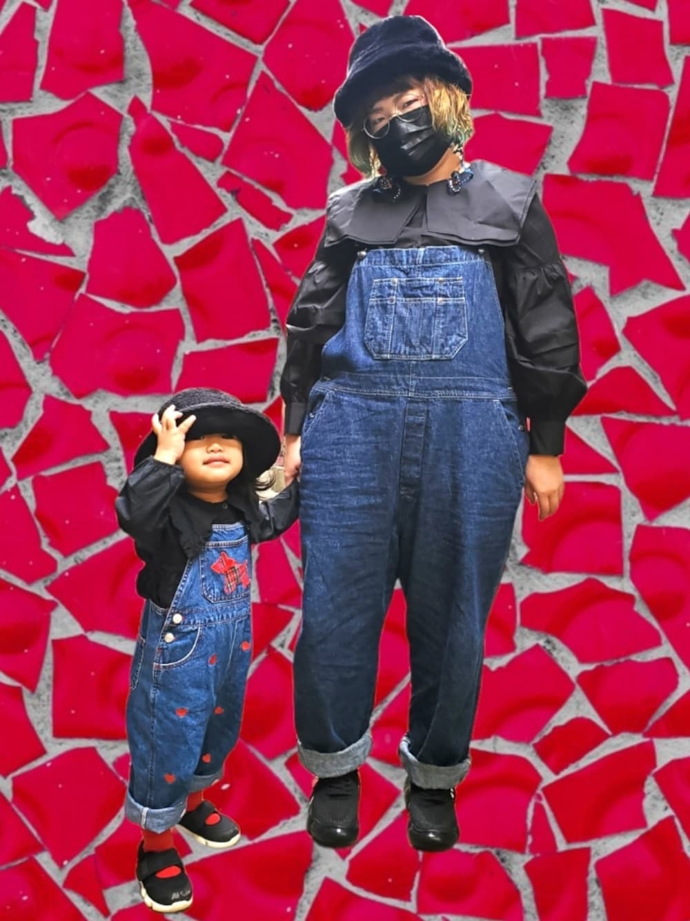「ビックカラー、オーバーオール、古着、mikio sakabe、ファー帽子、おやこーで。、親子コーデ、おそろいコーデ、リンクコーデ、でぶ、ぽっちゃり」｜「MEDE19FのＭＥＤＥ１９Ｆ　ピューリタンカラーシャツ（シャツ/ブラウス、ブラック系）」を使った、もこもこさん（レディース・162cm）の秋コーディネートの1枚目の写真