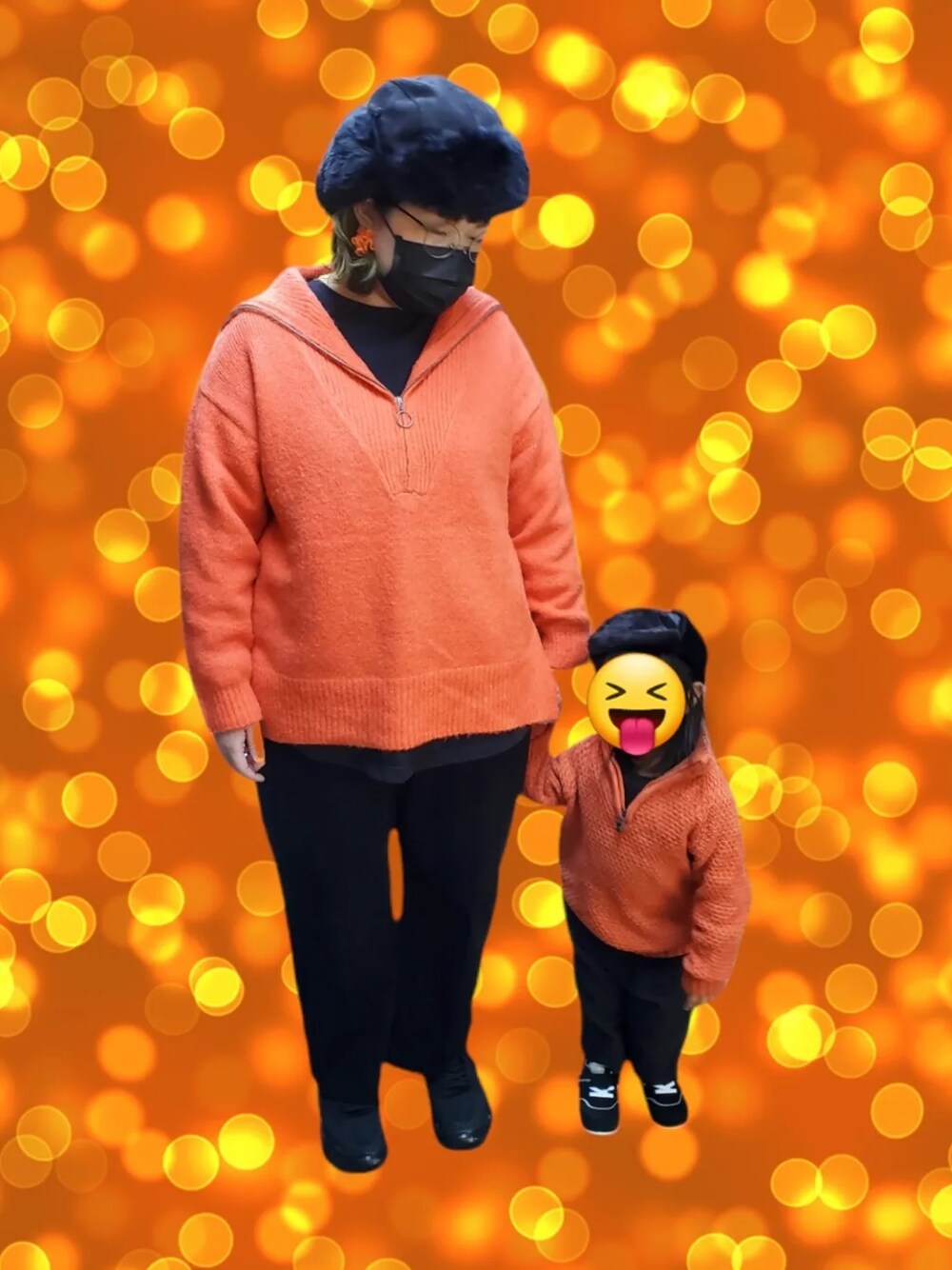 「ハーフジップニット、セーラーカラー、フライトキャップ、チャオパニックティピー(CIAOPANIC TYPY)、H&M、おやこーで。、親子コーデ、親子でおそろい、おそろいコーデ、リンクコーデ、でぶ、ぽっちゃり」｜「CIAOPANIC TYPYのセーラーカラーZIPニットプルオーバー（ニット/セーター、オレンジ系）」を使った、もこもこさん（レディース・162cm）の冬コーディネートの1枚目の写真