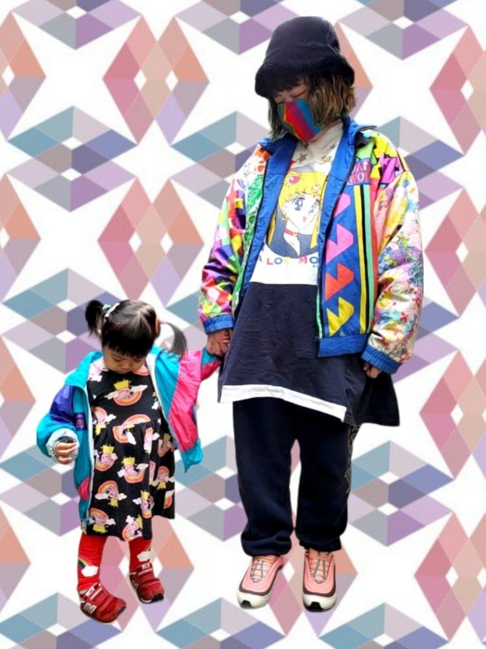 「JAMS WORLD、古着、古着コーデ、セーラームーン、ペッパピッグ、OSHKOSH、カラフル、AIRMAX97、ファーハット、おやこーで。、親子コーデ、リンクコーデ、ふるぎ、でぶ、ぽっちゃり」｜「NIKEのNIKE ナイキ AIRMAX 97 エアマックス 97 CQ7512-046 046DSRTSD/RACBL（スニーカー、ピンク系）」を使った、もこもこさん（レディース・162cm）の秋コーディネートの1枚目の写真