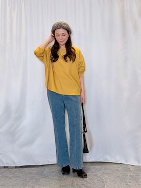 「SHOO・LA・RUE（シューラルー）の【着丈選べる/洗濯後しわになりにくい】インせず着られる ドルマンブラウス（シャツ/ブラウス、イエロー系）」を使った、おうめさん（レディース）の秋コーディネート