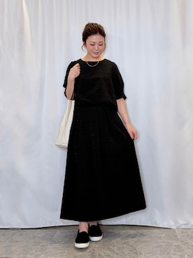 「SHOO・LA・RUE（シューラルー）の【セットアップ可/S-LL】夏でも感じられる秋気分 モールチェックタックスリーブ ブラウス（シャツ/ブラウス、ブラック系）」を使った、おうめさん（レディース）の夏コーディネート