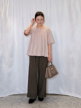 「SHOO・LA・RUE（シューラルー）の【洗濯機可/S-LL】インせずすっきり見え ストライプ柄タックトップス（Tシャツ/カットソー、レッド系）」を使った、おうめさん（レディース）の夏コーディネート