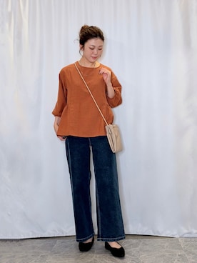「SHOO・LA・RUE（シューラルー）の【S-LL/ストレッチ/色落ちしにくいネイビー】脚がまっすぐきれいに見える ワイドストレートデニムパンツ（デニムパンツ、ブルー系）」を使った、おうめさん（レディース）の夏コーディネート