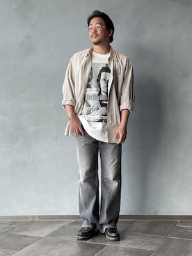「ADAM ET ROPE'（アダムエロペ）の【Buffalo 66 × 10Culture for ADAM ET ROPE'】Buffalo 66 T SHIRT（Tシャツ/カットソー、ブラック系）」を使った、三浦準矢さん（メンズ・166cm）の夏コーディネート