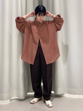 「KBF（ケイビーエフ）のBIGワイドシャツ（シャツ/ブラウス、ブラウン系）」を使った、みかさん（レディース・149cm）の春コーディネート