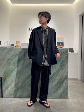 「センタープレスパンツ」｜「アイテム（ジャケット/アウター）」を使った、みやざきさん（メンズ・180cm）の夏コーディネート