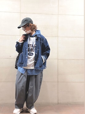 「H.UNITのアイテム（カバーオール、ブルー系）」を使った、せんちゃんさん（レディース・150cm）の春コーディネート