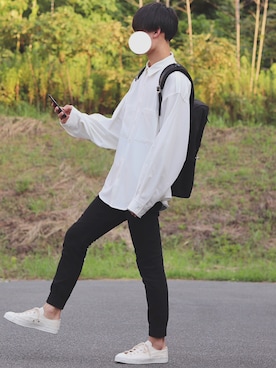 「INTER FACTORY（インターファクトリー）のファッションインフルエンサー DAISUKE - ダブルベルトメッシュレザーリュック　made in INTER FACTORY（バックパック/リュック）」を使った、DAISUKE.さん（メンズ・177cm）の夏コーディネート