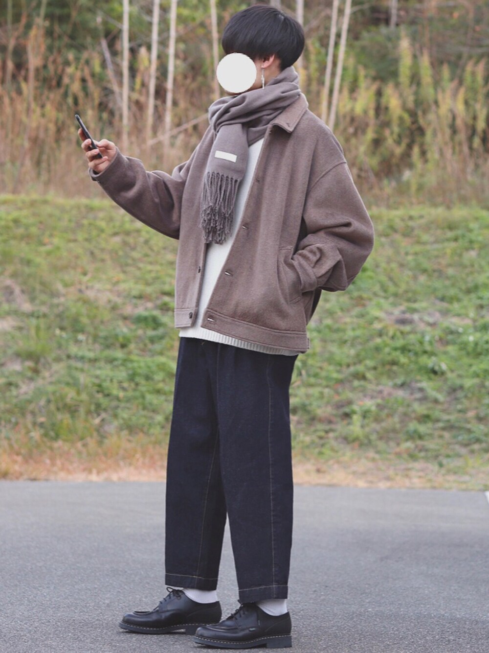 「クリスマスに着たい服」｜「INTER FACTORYのファッションインフルエンサー DAISUKE - バルーンスリーブメルトンショートブルゾン　made in INTER FACTORY（ブルゾン、ベージュ系）」を使った、DAISUKE.さん（メンズ・177cm）の冬コーディネートの1枚目の写真