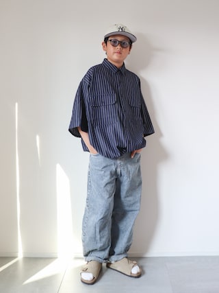 「WETTEMPT（ウィテンプト）のDUNGAREE STRIPE DRAW CORD SHIRT /ダンガリーストライプドローコードシャツ（シャツ/ブラウス）」を使った、KISA / SANAさん（キッズ・148cm）の夏コーディネート