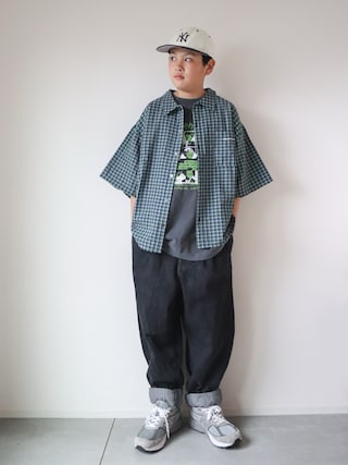 「PAIRMANON STREET（ペアマノンストリート）の【90-160cm】サッカーチェック オーバーサイズ 半袖シャツ【PAIRMANON STREET】（シャツ/ブラウス）」を使った、KISA / SANAさん（キッズ・154cm）の春コーディネート