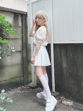 「オールホワイト」｜「アイテム（ハンチング/ベレー帽）」を使った、キノさん（レディース・153cm）の夏コーディネート