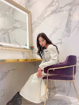「オールホワイト」｜「アイテム（ノーカラージャケット）」を使った、村瀬紗英さん（レディース・159cm）の冬コーディネート