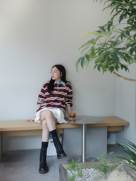 「アイテム（ポロシャツ）」を使った、村瀬紗英さん（レディース・159cm）の秋コーディネート