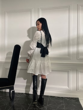 「ANDGEEBEE（アンジービー）のアイテム（シャツワンピース）」を使った、村瀬紗英さん（レディース・159cm）の冬コーディネート