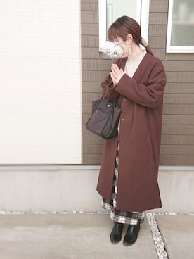 「LEPSIM（レプシィム）のアイテム（ノーカラーコート）」を使った、y + aさん（レディース・160cm）の冬コーディネート