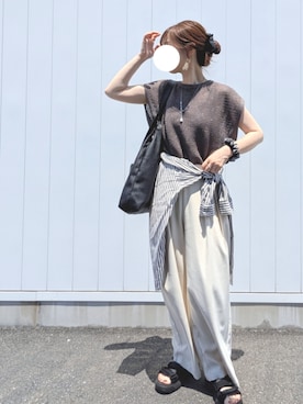 「GLOBAL WORK（グローバルワーク）の洗えるメッシュプルオーバーフレンチスリーブ/320430（Tシャツ/カットソー、グレー系）」を使った、y + aさん（レディース・160cm）の夏コーディネート