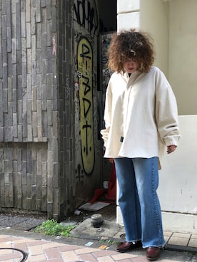 「MANASTASH（マナスタッシュ）のMANASTASH×GILET / マナスタッシュ×ジレ　MS BD BIG SHIRTS　マナスタッシュBDビッグシャツ（シャツ/ブラウス）」を使った、さゆるゆるさん（レディース・155cm）の秋コーディネート