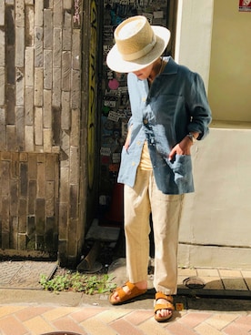「麦わら帽子」｜「アイテム（ブルゾン）」を使った、さゆるゆるさん（レディース・155cm）の夏コーディネート