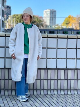 「MANASTASH（マナスタッシュ）のアイテム（ノーカラーコート）」を使った、さゆるゆるさん（レディース・155cm）の冬コーディネート