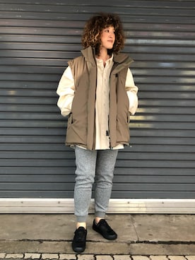 「MANASTASH（マナスタッシュ）のMANASTASH×GILET / マナスタッシュ×ジレ　MS BD BIG SHIRTS　マナスタッシュBDビッグシャツ（シャツ/ブラウス）」を使った、さゆるゆるさん（レディース・155cm）の秋コーディネート