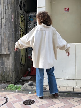 「MANASTASH（マナスタッシュ）のMANASTASH×GILET / マナスタッシュ×ジレ　MS BD BIG SHIRTS　マナスタッシュBDビッグシャツ（シャツ/ブラウス）」を使った、さゆるゆるさん（レディース・155cm）の秋コーディネート